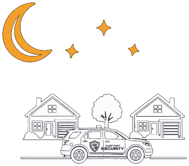 Sleep Tight Security patrol vehicle and home under a night sky